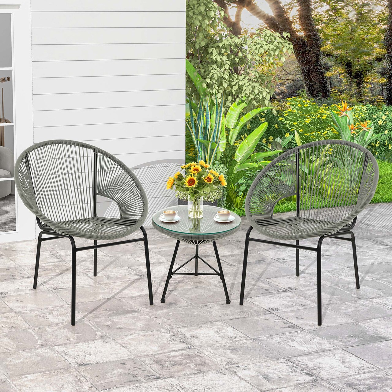 Costway 3PCS Patio Acapulco Furniture Bistro Set Plastic Rope Glass Table Black/Gray/Turquoise/White